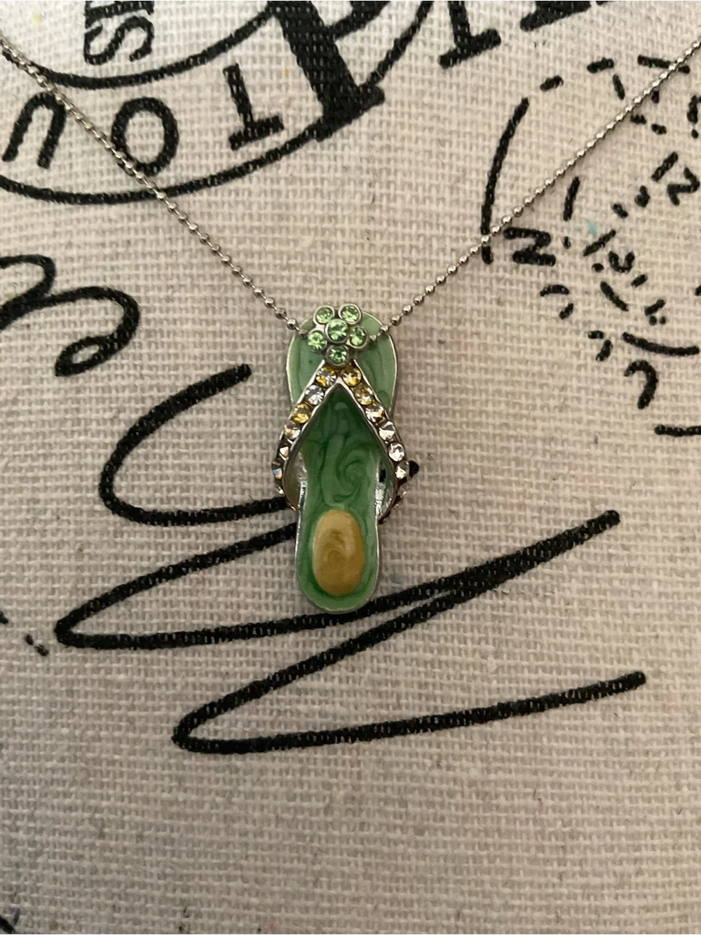 Beachy Green Flip-Flop Pendant Necklace with Crystal Accents